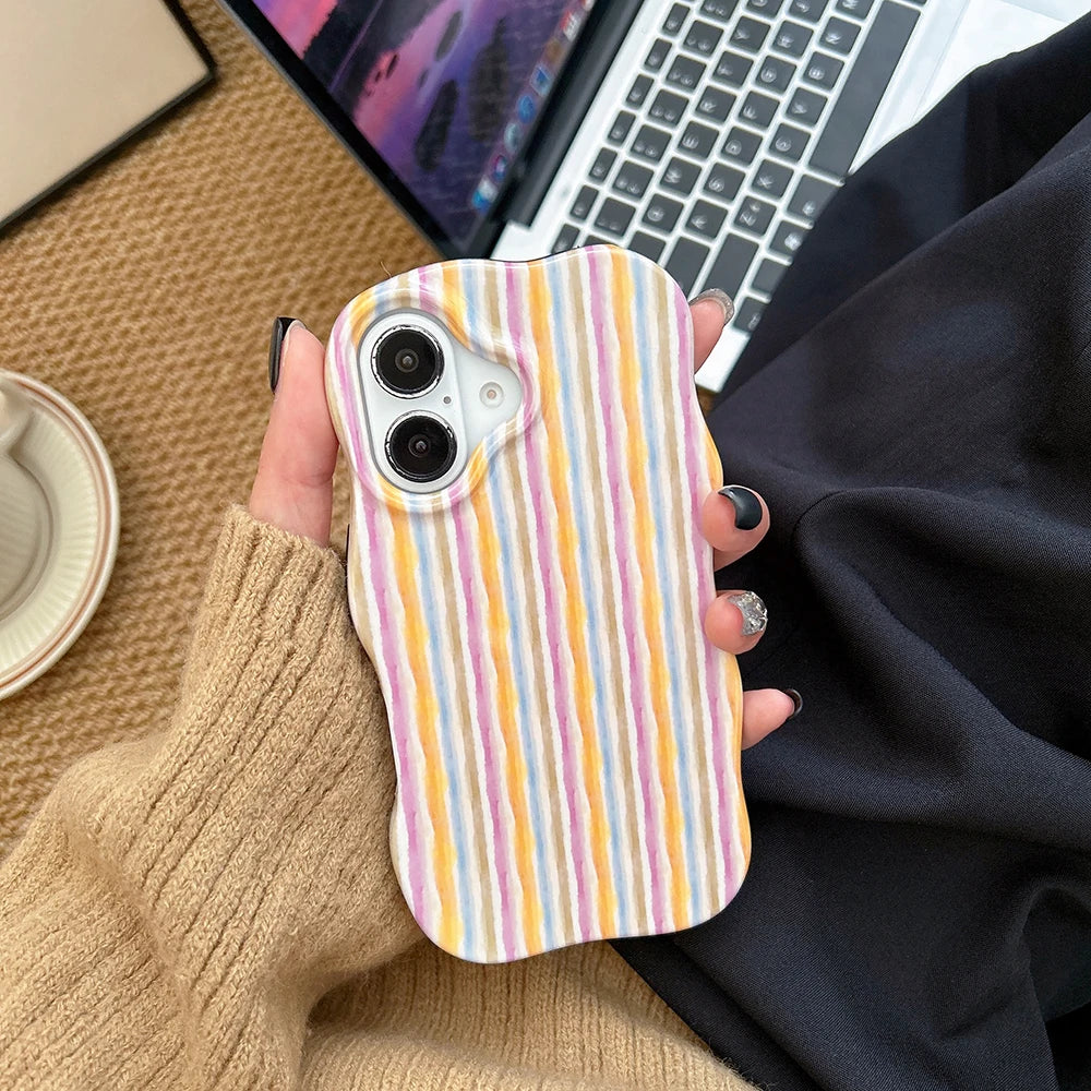 Luxury 2 in 1 Glossy Double Color Wave Stripes Case for IPhone 13 14 15 16 17 Pro Max 17Air Hit Color Collision Shockproof Cover - Ice Cream Cake