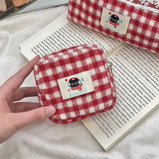 Winter Cat Gingham Zipper Pouch - Ice Cream Cake