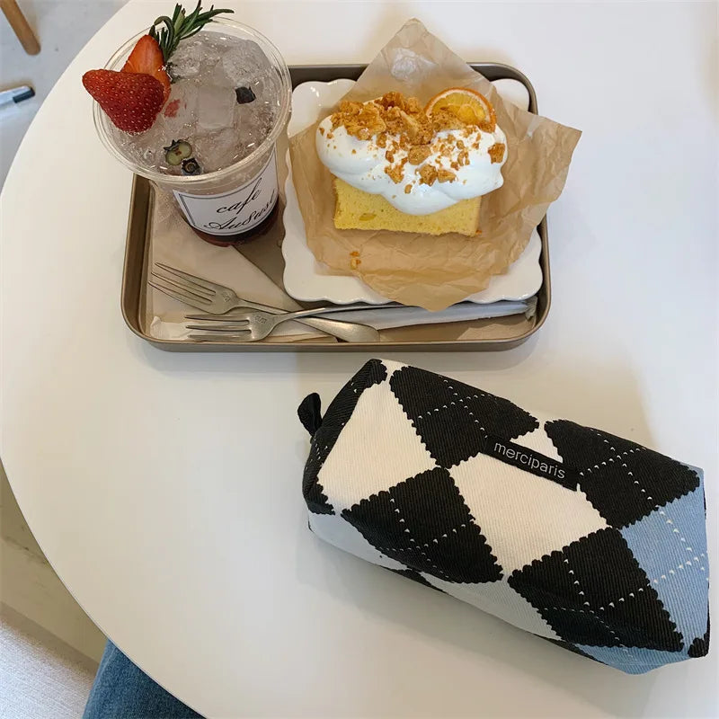 Korean Fashion Plaid Travel Makeup Kits Cosmetic Storage Bag Women Handbags Wallet Organizer Cute School Pencil Cases Pouch Bags - Ice Cream Cake