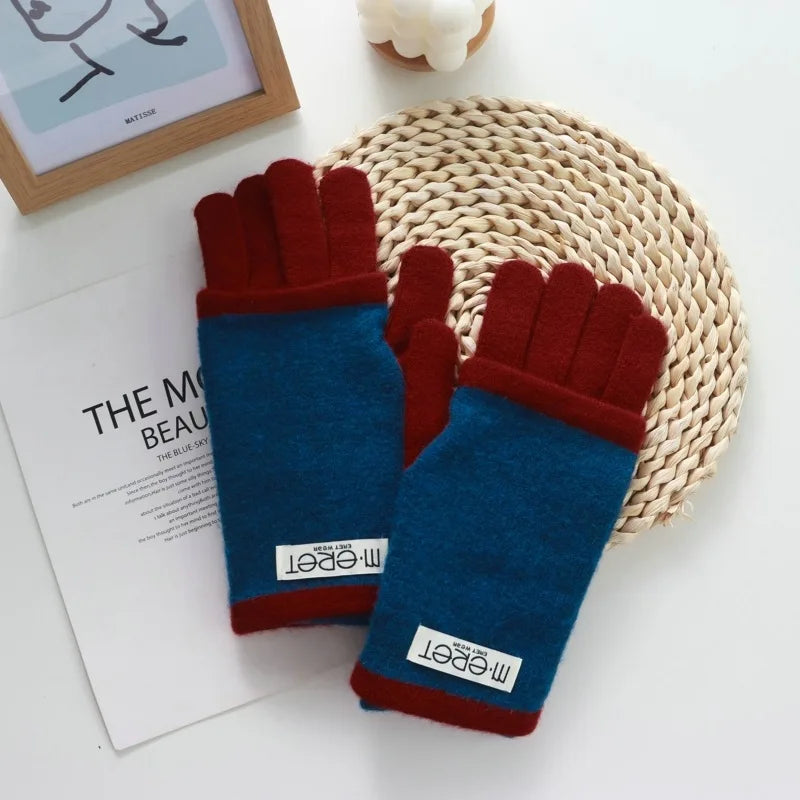 Thickened Leaky Finger Korean Style Ladies Dual-Use Color Matching Knitted Fashion Touch Screen Finger Knitting Wool Gloves - Ice Cream Cake