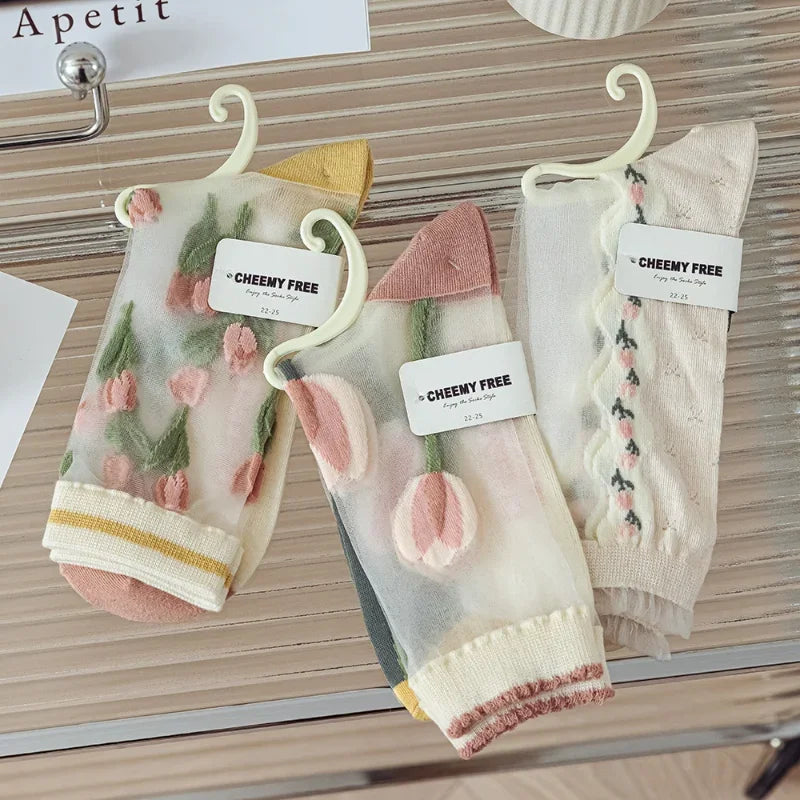 Transparent Floral Crew Socks