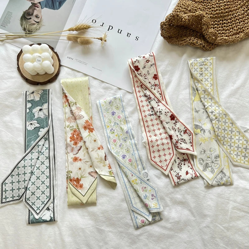 New Long Bag Scarf Women Hair Band Lady Accessories Print Skinny Scarves Headband Satin Ribbon Neck Tie Decorative Bag Scarves - Ice Cream Cake