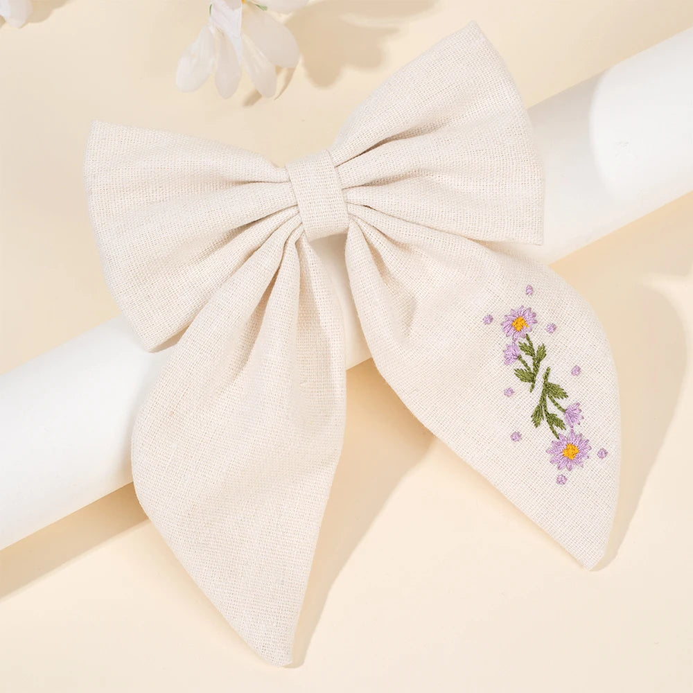 Daisy Embroidery Hair Ribbon Bow Clip