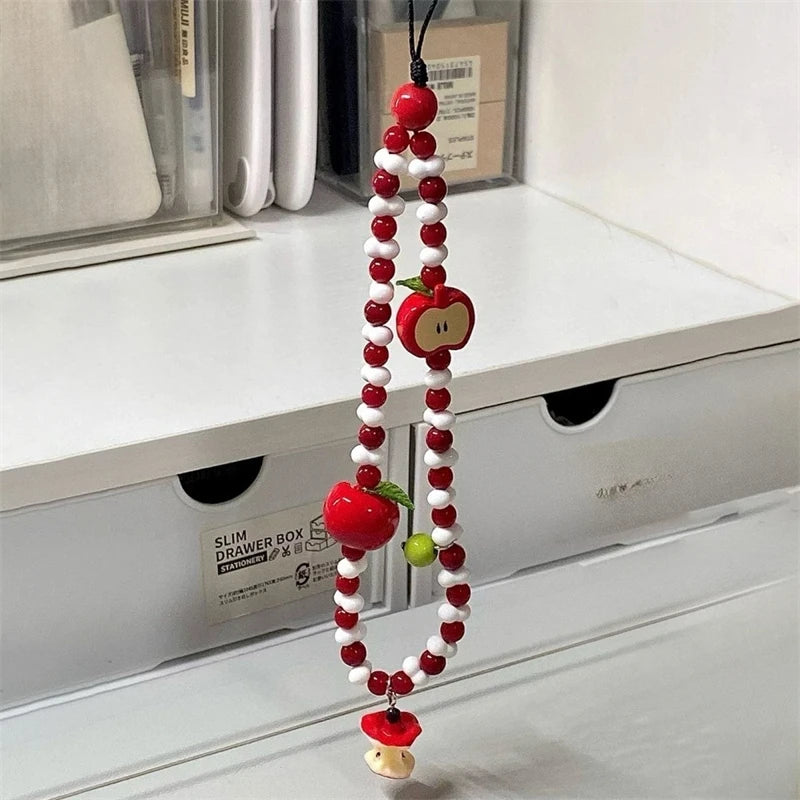 Korean Cute Apple Pearl Beaded Phone Chain Keychain Sweet Girl Bracelet Anti-Lost Phone Charm Lanyard For iPhone Samsung Camera - Ice Cream Cake