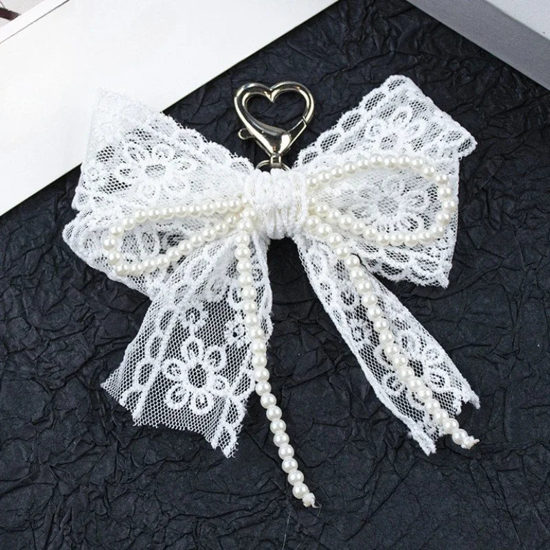 Lace and Faux Pearl Bow Clip-On Keychain Charm