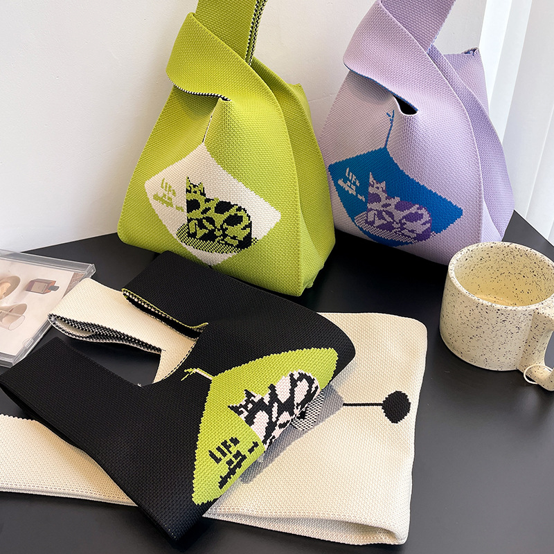 Relaxing Cat Knitted Mini Lunch Tote (4 Colours)
