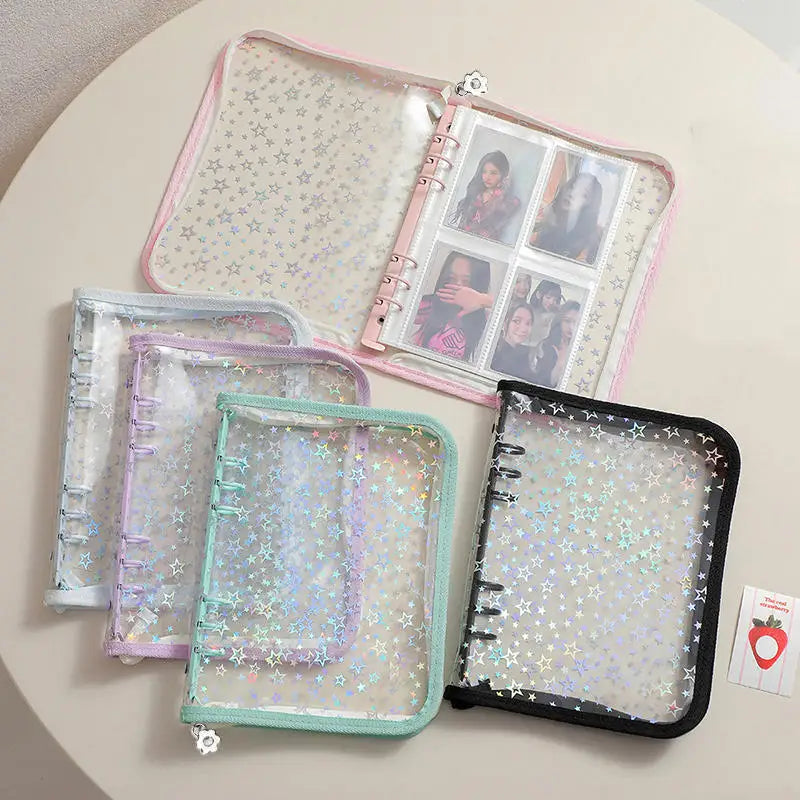 Set of glittery planners on a light surface
