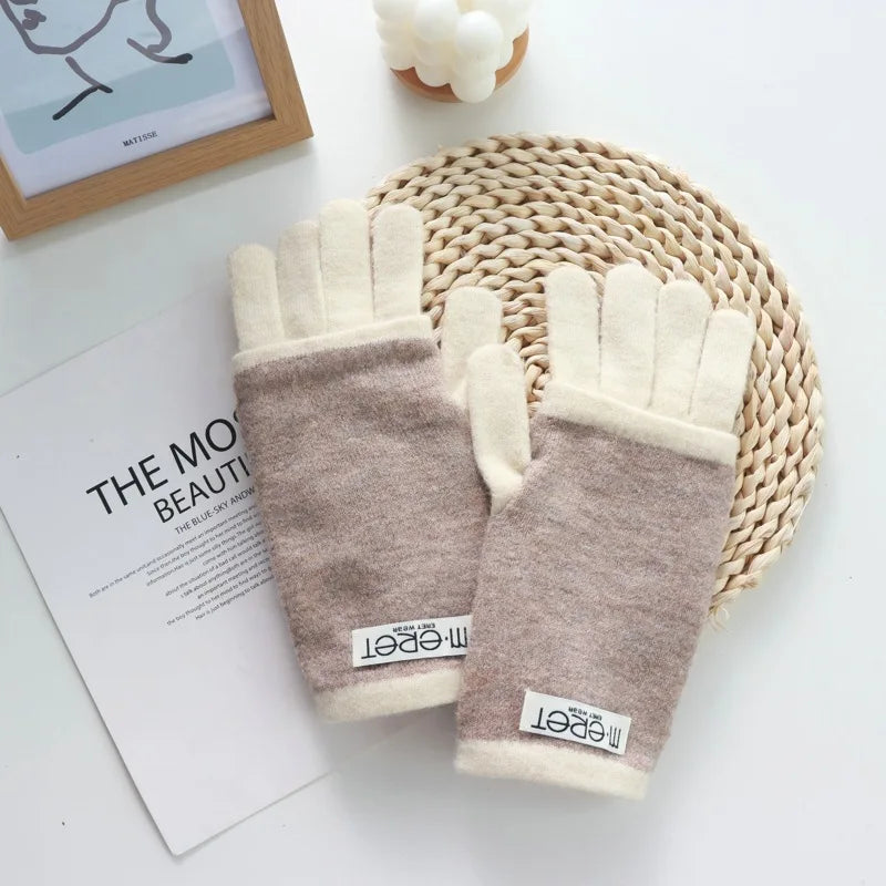 Thickened Leaky Finger Korean Style Ladies Dual-Use Color Matching Knitted Fashion Touch Screen Finger Knitting Wool Gloves - Ice Cream Cake
