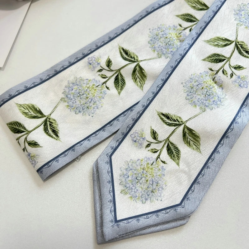 High-Grade Flower Print Long Silk Scarf Hair Band Ribbon Tied-up Hair Long Bow Vintage Satin Ribbon Hair Accessories For Women - Ice Cream Cake