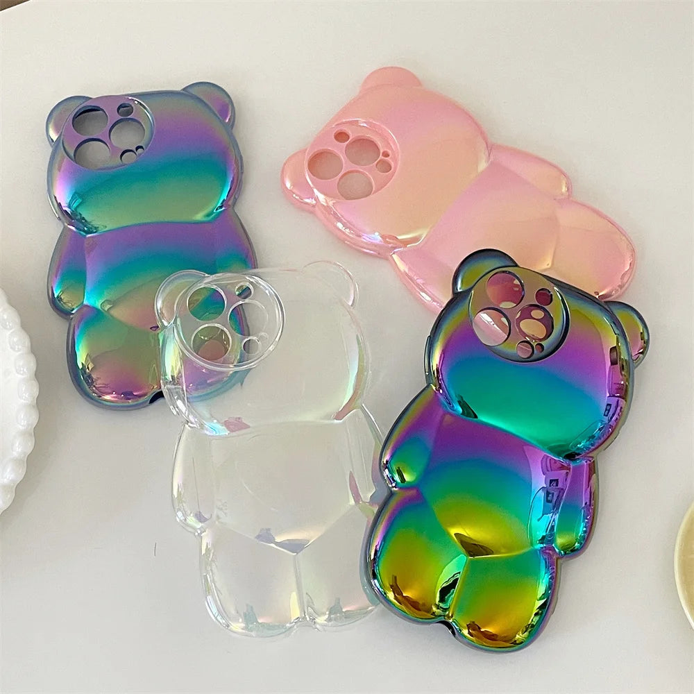 Ins Cute 3D Aurora Cartoon Bear Case For iPhone 11 13 12 14 15 16 17 Pro Max Plus Air Colorful Laser Rainbow Gradient Soft Cover - Ice Cream Cake