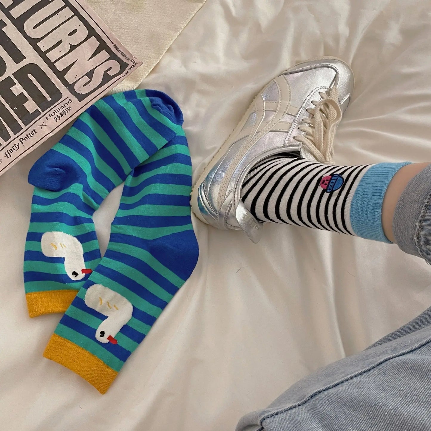Happy Stripe Character Crew Socks - Ice Cream Cake