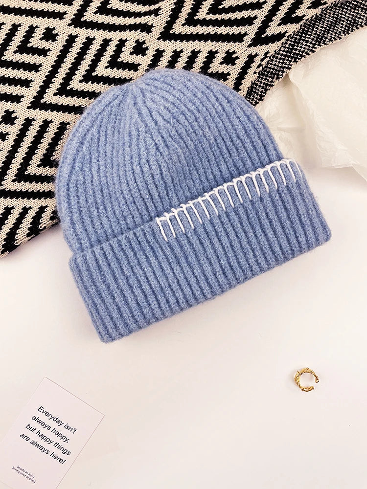 Contrast Border Ribbed Knit Beanie Hat