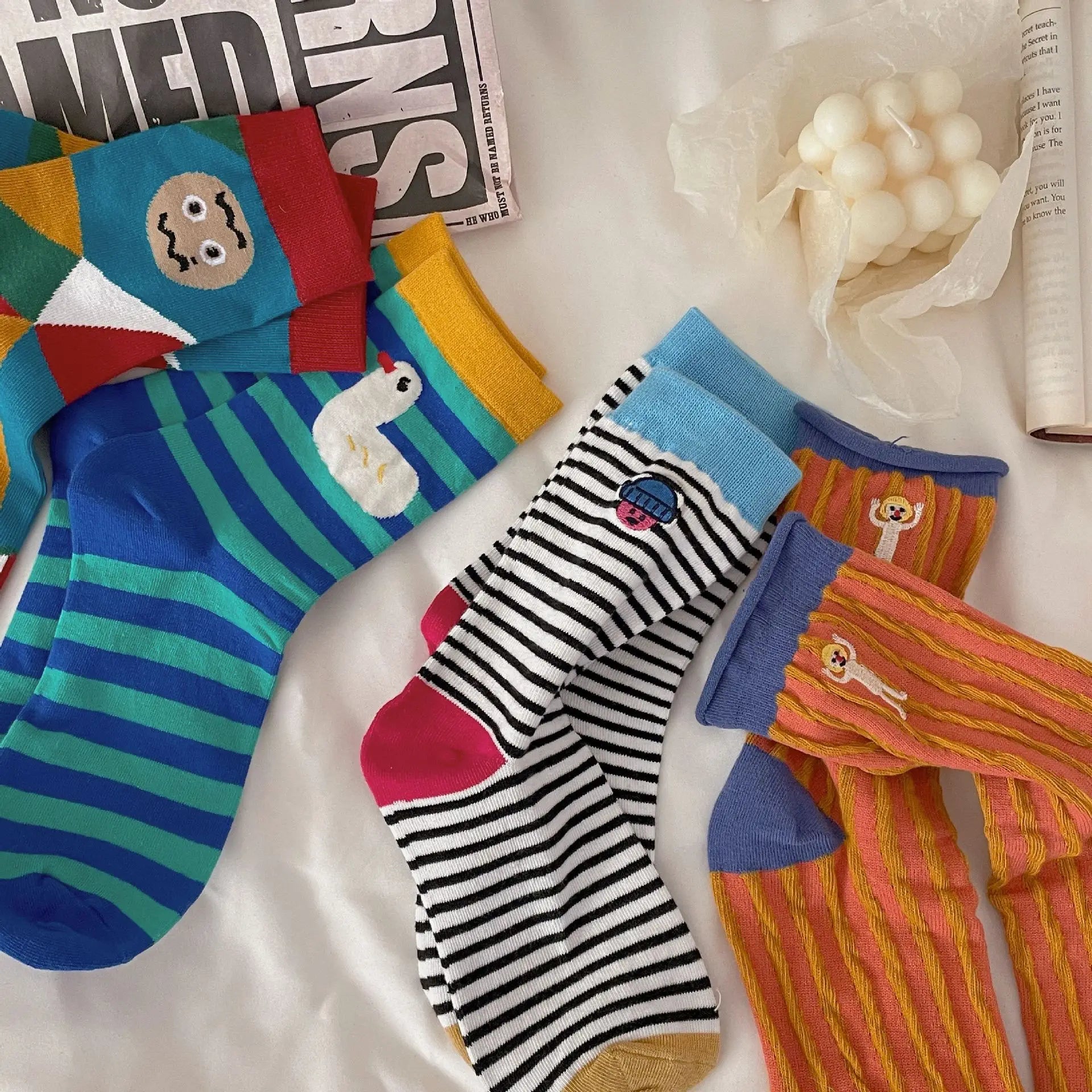 Happy Stripe Character Crew Socks - Ice Cream Cake