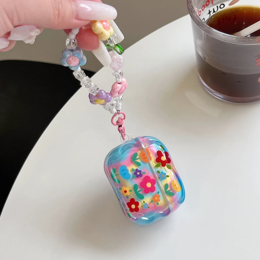 Fashion Dopamine Colorful Flower Print With Beaded Charm Pendant Protect Earphone Cover Case for AirPods 1 or 2 3 4 Pro 2 Pro 3 - Ice Cream Cake