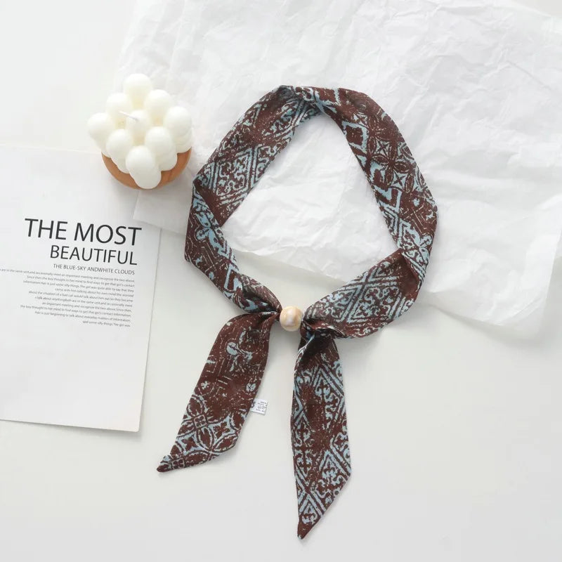 Retro Maillard Brown Floral Scarf Fashionable Old Money Style Light Luxury High-Grade Temperament Small Square Towel Lazy Scarf - Ice Cream Cake