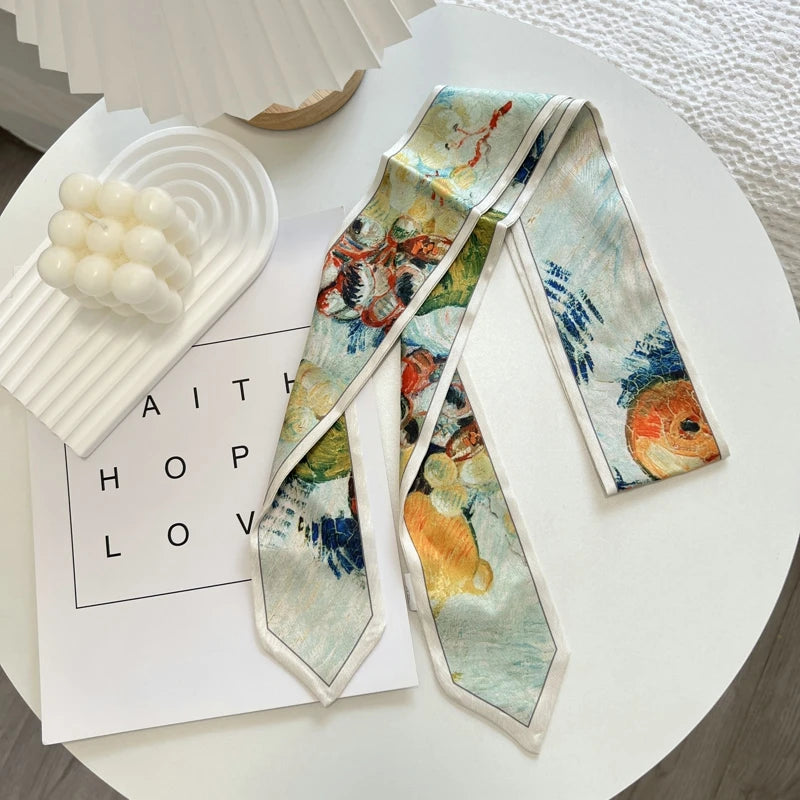 High-Grade Flower Print Long Silk Scarf Hair Band Ribbon Tied-up Hair Long Bow Vintage Satin Ribbon Hair Accessories For Women - Ice Cream Cake