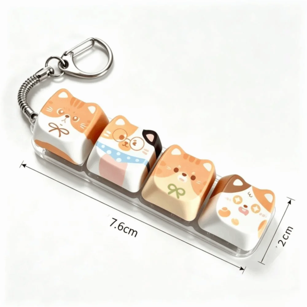 A set of four cute cartoon cat-shaped keycap charms in a clear plastic case with a metal key ring, shown on a white background with dimension lines indicating 7.6 cm length and 2 cm height.