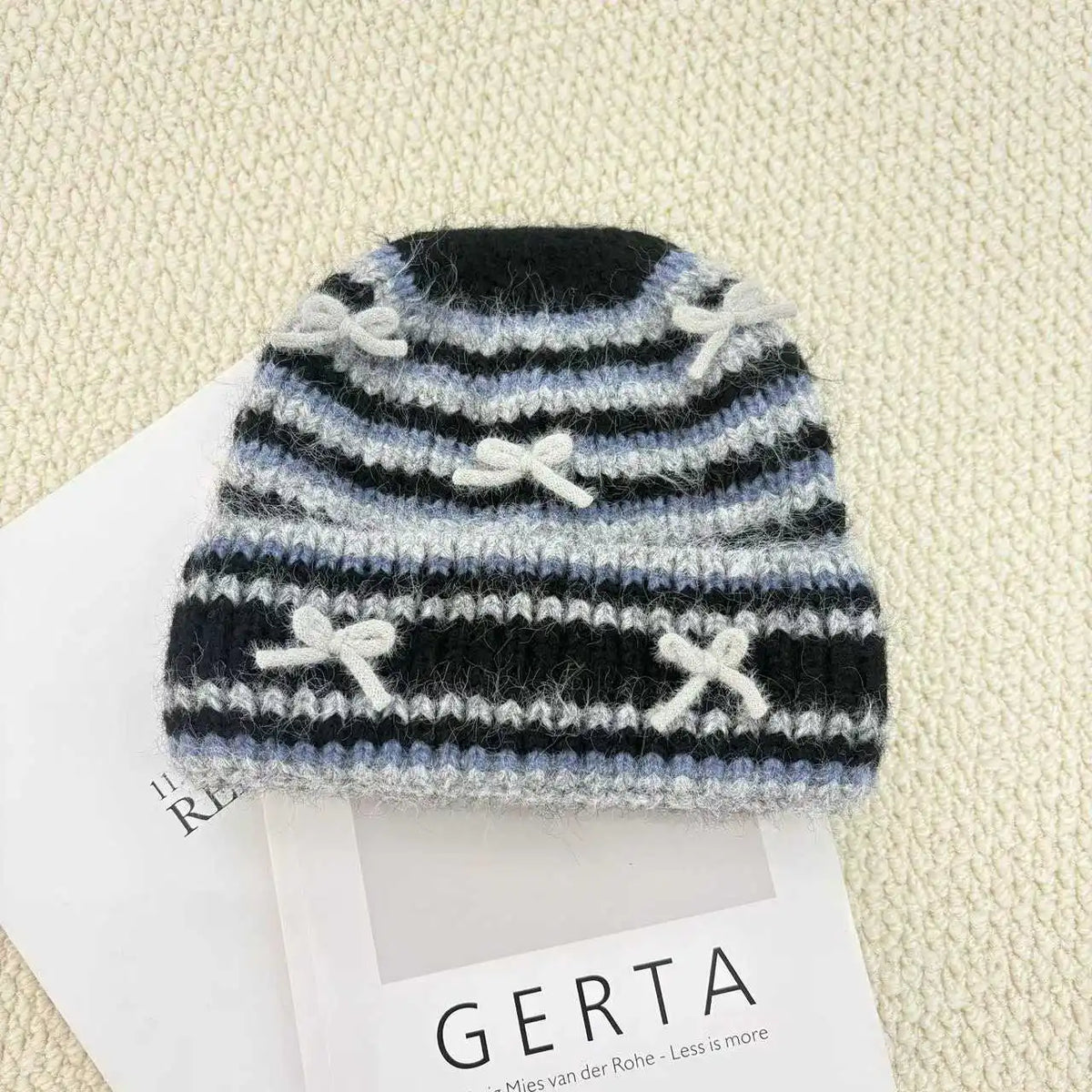 Bow Detail Striped Knit Beanie