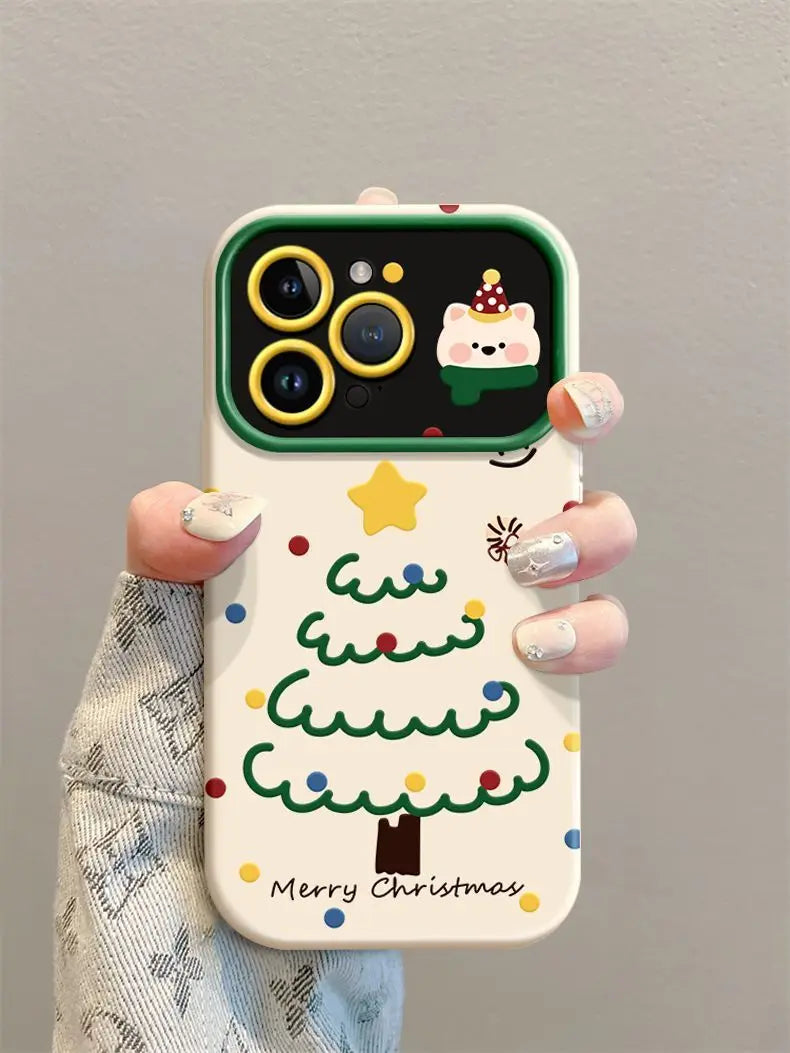 Phone case with Christmas tree design held by a hand against a gray background
