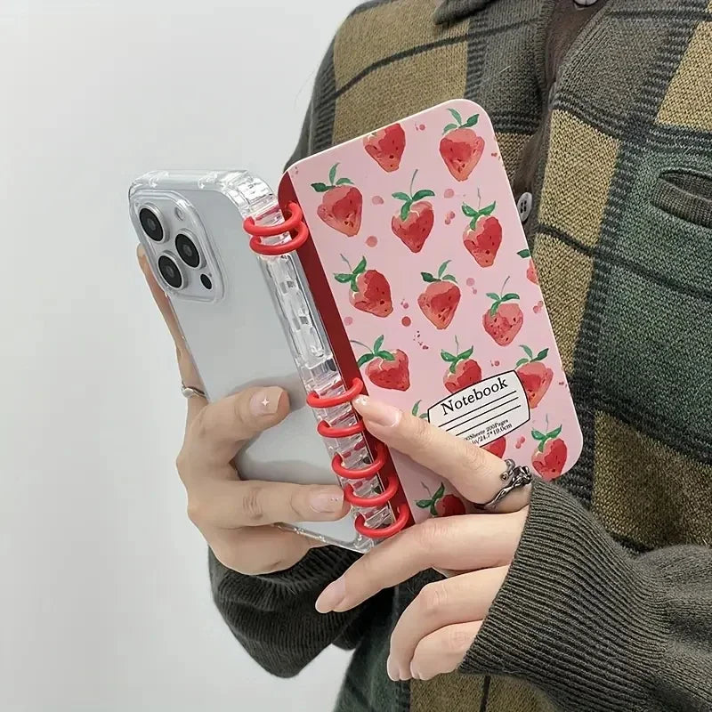 Cute Strawberry Fruit Flip Phone Case For iPhone 17 Air 16 15 14 13 12 11 Pro Max Plus Coil Notebook Shape Shockproof Cover - Ice Cream Cake