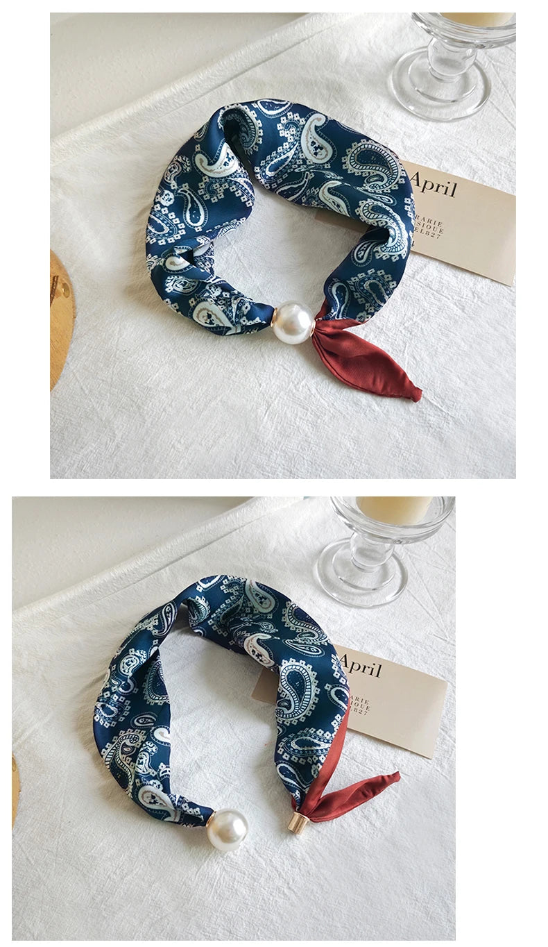 Spring Summer Thin Pearl Silk Scarves Magnetic Buckle Lazy Scarf Women Girls Sweet Elegant Pendant Collarbone Chain Neck Scarf - Ice Cream Cake