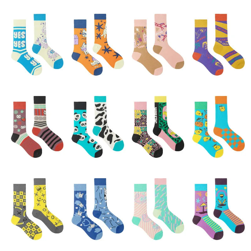 A grid of 24 pairs of colorful patterned crew socks displayed on a plain white background, featuring various whimsical animal, space, and abstract prints in bright colors.