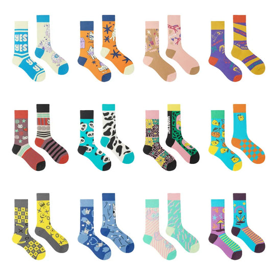 A grid of 24 pairs of colorful patterned crew socks displayed on a plain white background, featuring various whimsical animal, space, and abstract prints in bright colors.