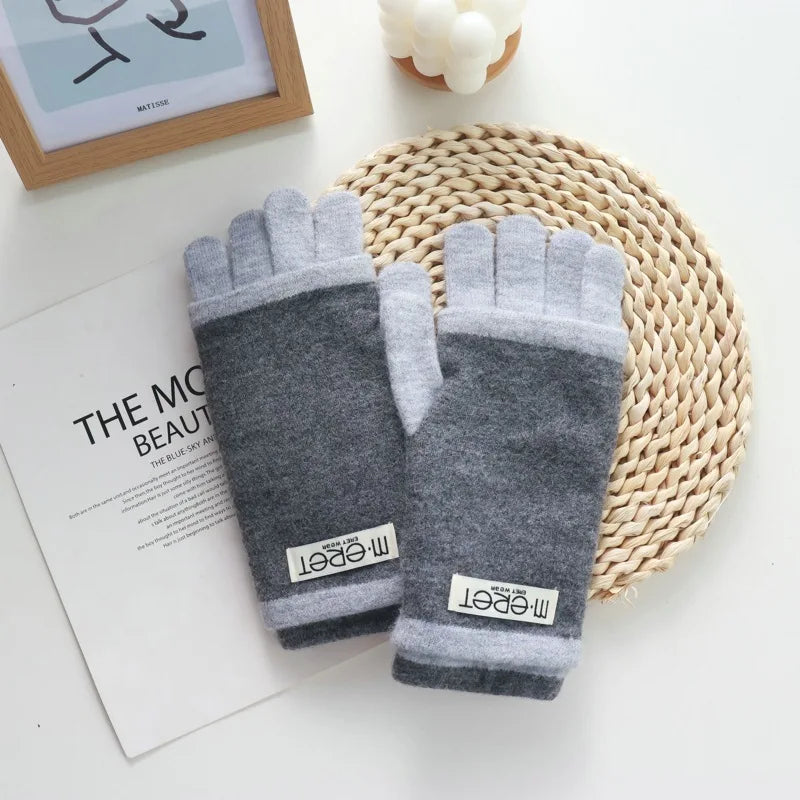 Thickened Leaky Finger Korean Style Ladies Dual-Use Color Matching Knitted Fashion Touch Screen Finger Knitting Wool Gloves - Ice Cream Cake