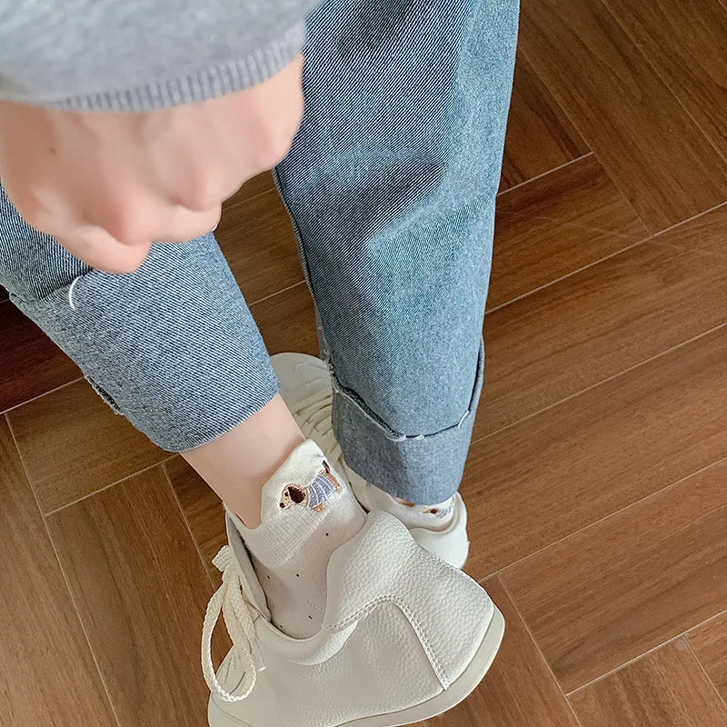 Spring Summer Thin Women Short Socks Polka Dots Cute Cartoon Sausage Dog Embroidery Boat Socks Pure Cotton Short Trendy Socks - Ice Cream Cake