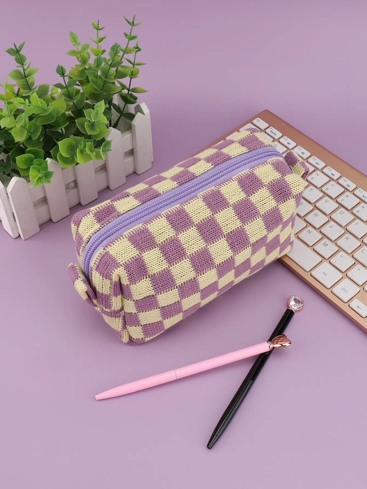 Purple Checkerboard Zipper Pouch