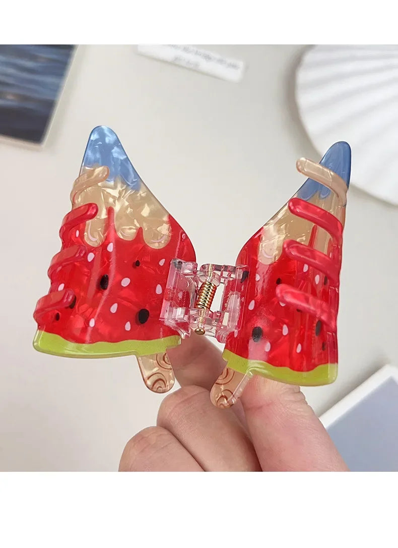 Creative Vacation Watermelon Ice Cream Hair Clip Summer Cartoon Chocolate Ice Cream Shark Clip Half-up Hair Accessory for Women - Ice Cream Cake