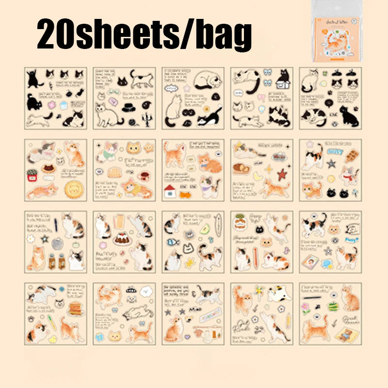 20pcs Corner Cats PET Square Sticker Book for Journal Scrapbooking Planner Decoration Waterproof Cute Animal Stickers, Mr. Paper - Ice Cream Cake