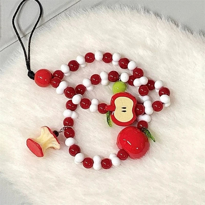 Korean Cute Apple Pearl Beaded Phone Chain Keychain Sweet Girl Bracelet Anti-Lost Phone Charm Lanyard For iPhone Samsung Camera - Ice Cream Cake