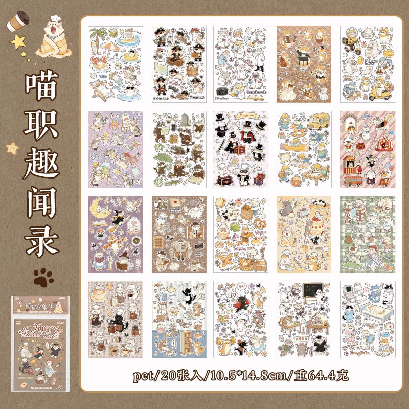Mr.Paper 20 Sheets Die-Cut Cat Sticker Book, Cat Collection Series Waterproof Decals for Journal Scrapbooking, Coffee Cup DIY - Ice Cream Cake