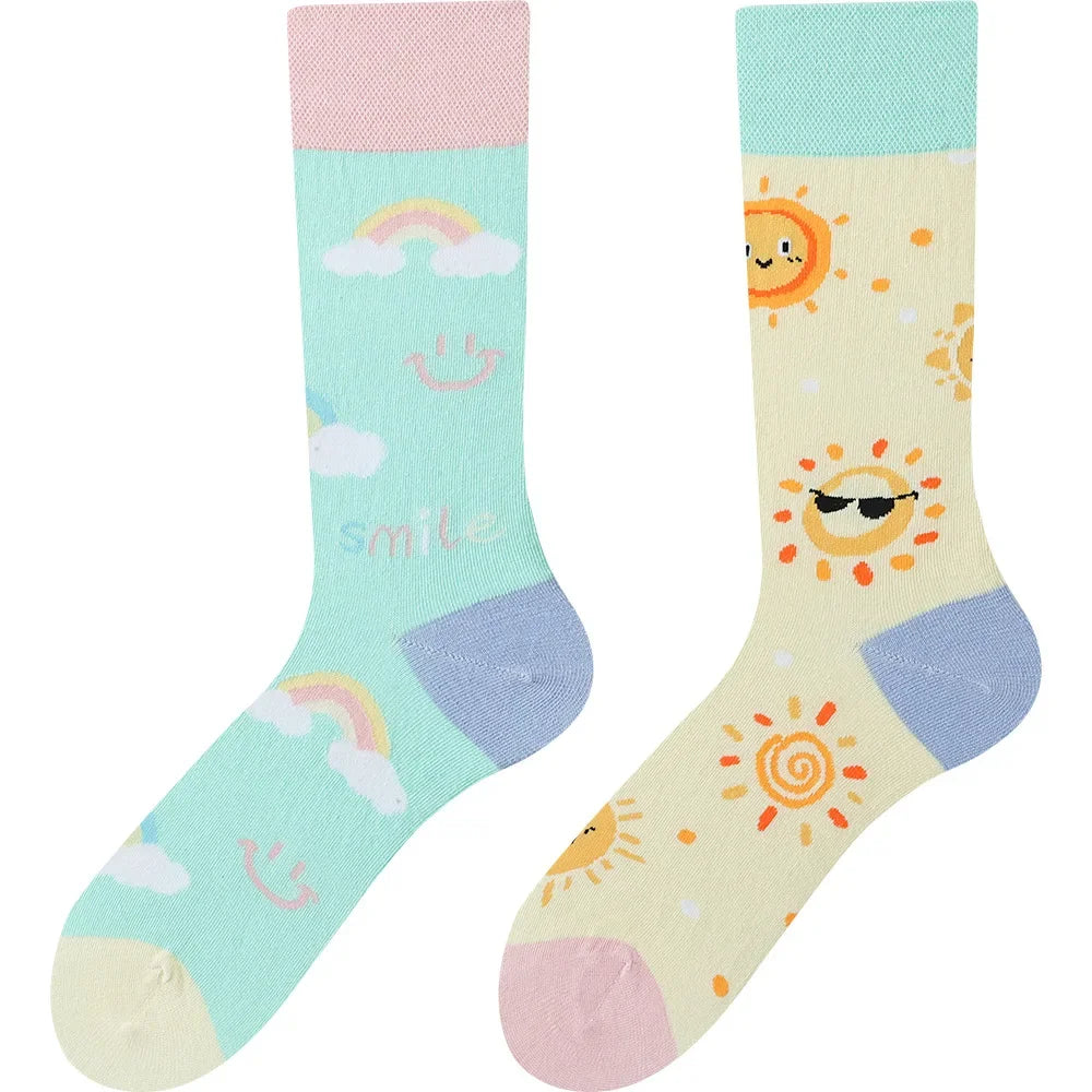 Happy Socks AB Asymmetrical Socks Cartoon Color Contrast Fashion Cotton Men And Women Couples Mid Tube Socks - Ice Cream Cake