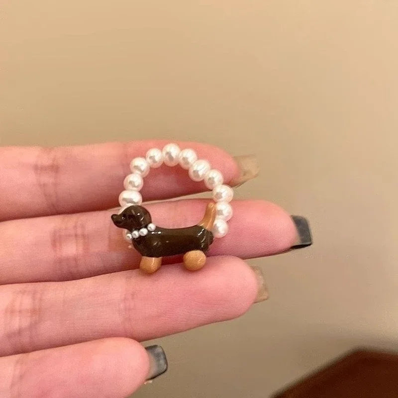Sausage Dog Faux Pearl Charm Ring