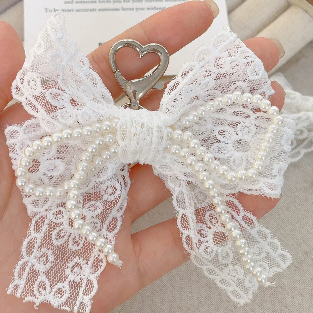 Lace and Faux Pearl Bow Clip-On Keychain Charm