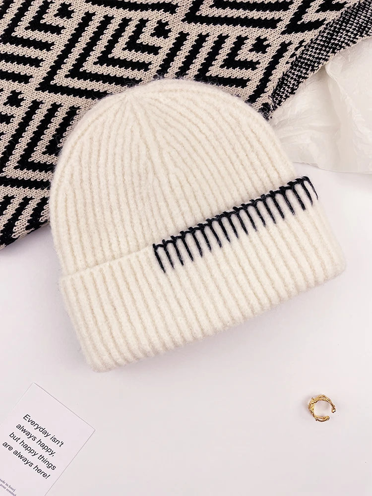 Contrast Border Ribbed Knit Beanie Hat