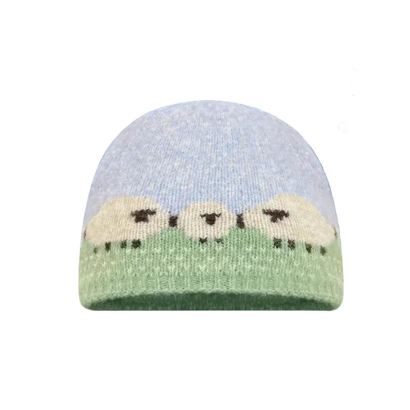 Sheep Meadow Intarsia Knit Beanie Hat