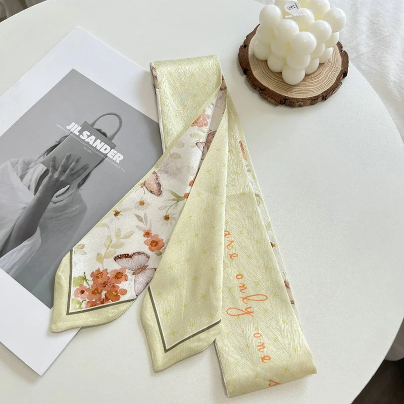New Long Bag Scarf Women Hair Band Lady Accessories Print Skinny Scarves Headband Satin Ribbon Neck Tie Decorative Bag Scarves - Ice Cream Cake