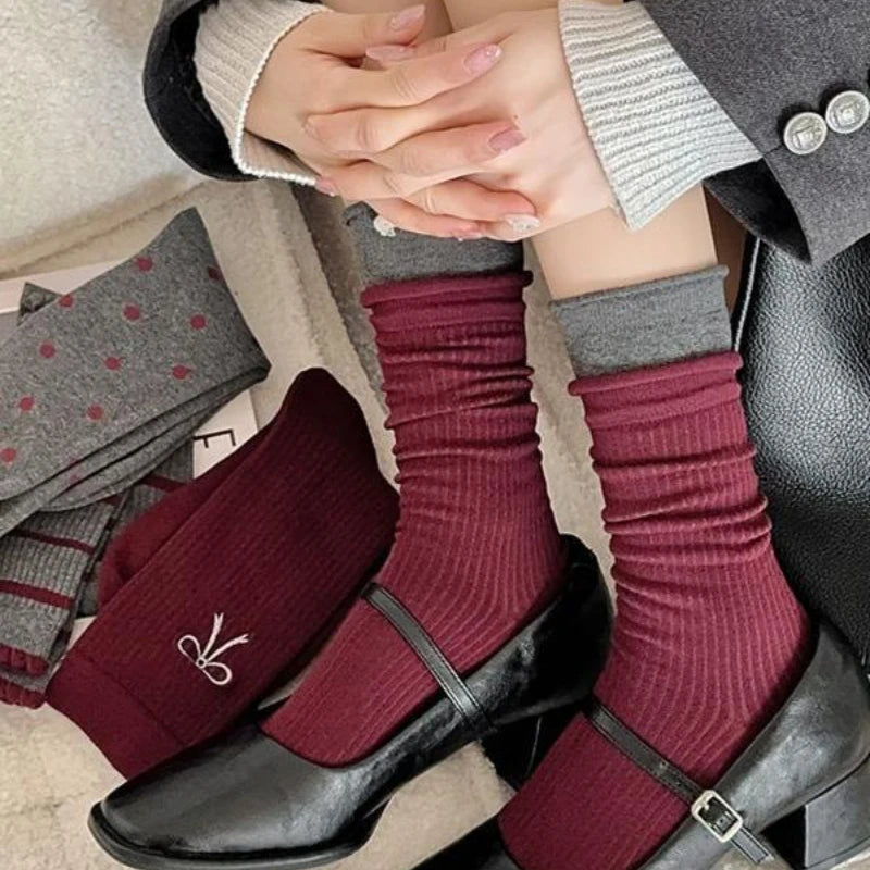 1/5pairs Cotton Ruffles Ankle Socks Women Retro Cute Kawaii Korean Stocking Girls  2024 Autumn and Winter Red Middle Tube Sox - Ice Cream Cake