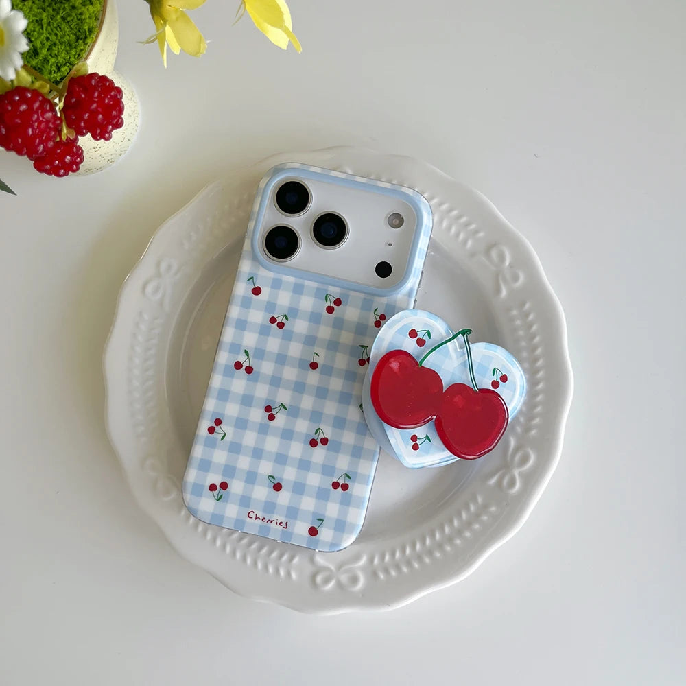 3D Cute Cherry Blue Grid Pattern Magnetic Grip Tok Phone Cases for iPhone 17pro 15 16 pro max Wireless Charge For Magsafe Cover - Ice Cream Cake