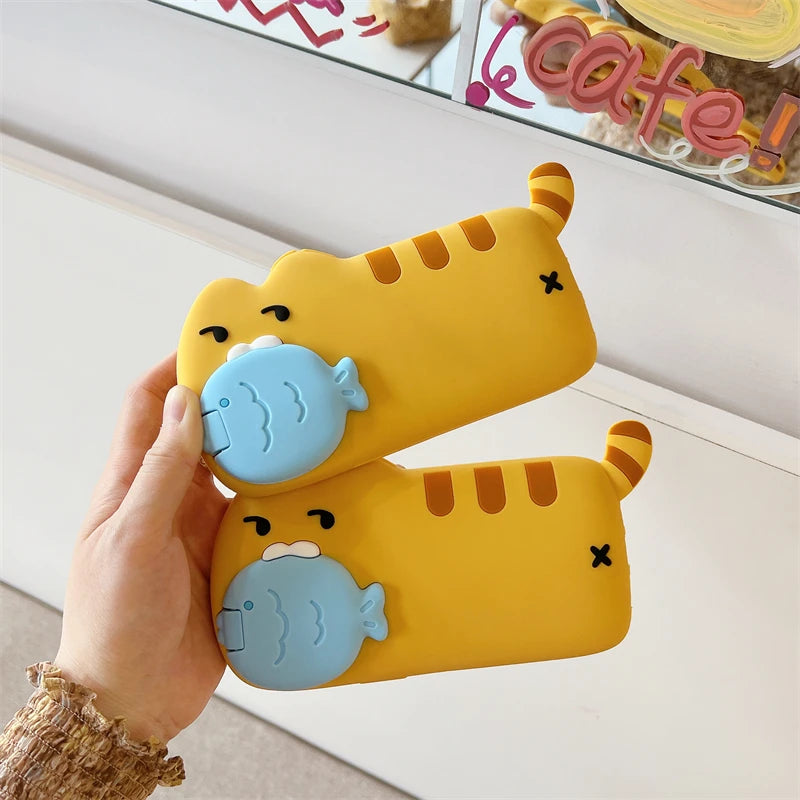 3D Cute Cat Eat Fish Silicone Phone Case For iPhone 17ProMax 17 16 15 14 13 12 Pro Max Funny Cartoon Camera Protection Cover - Ice Cream Cake