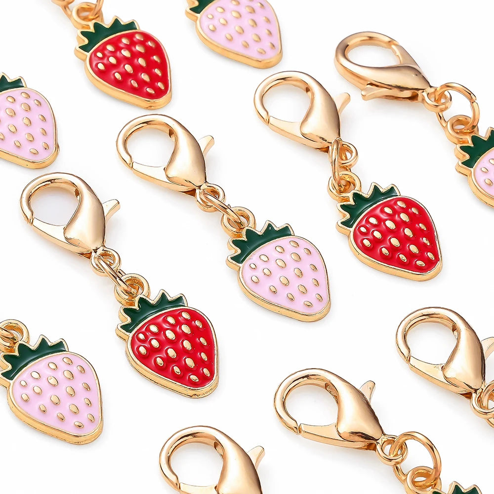 12PCS Golden Alloy Enamel Strawberry Charms - 3.3cm Random Mixed Color DIY Jewelry Accessories for Keychains, Bags & Pendants - Ice Cream Cake