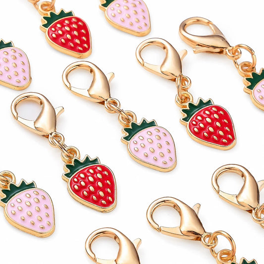 12PCS Golden Alloy Enamel Strawberry Charms - 3.3cm Random Mixed Color DIY Jewelry Accessories for Keychains, Bags & Pendants - Ice Cream Cake