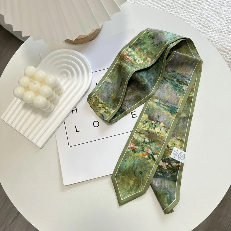 High-Grade Flower Print Long Silk Scarf Hair Band Ribbon Tied-up Hair Long Bow Vintage Satin Ribbon Hair Accessories For Women - Ice Cream Cake