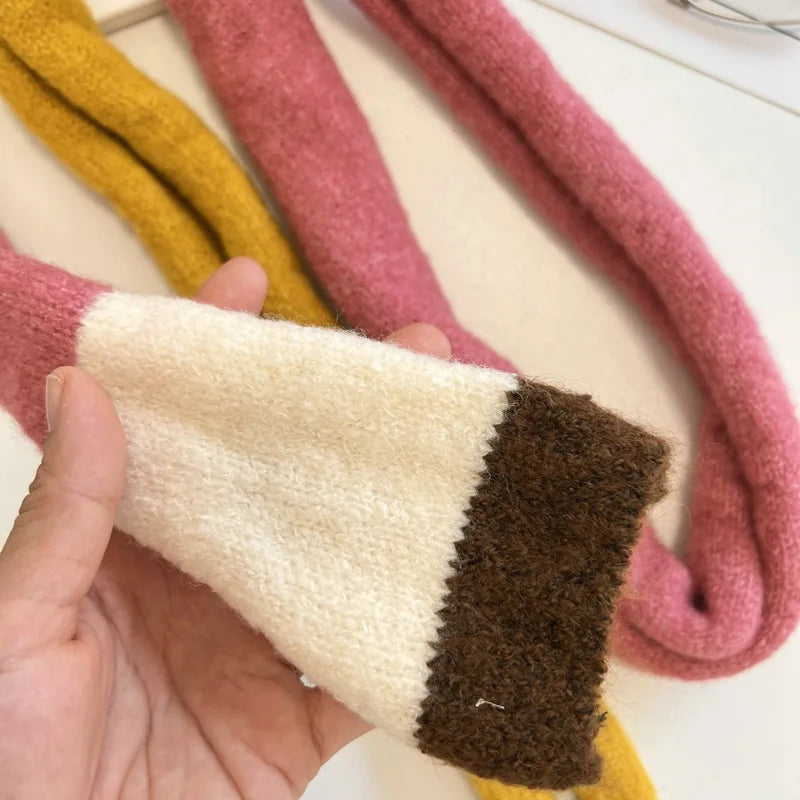 Wool Striped Plush Scarf Women's Niche Design Sense Spice Girl Versatile Decoration Korean Version Thin and Narrow Long Scarf - Ice Cream Cake