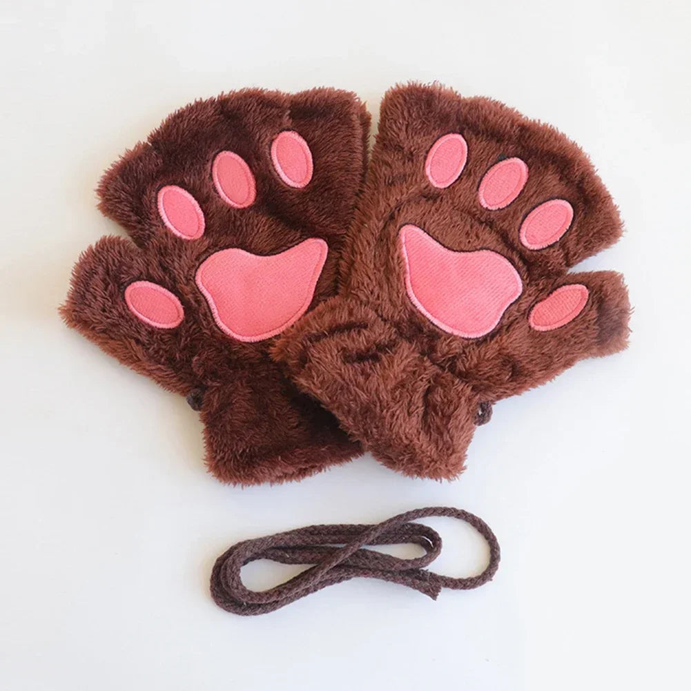 Brown faux fur fingerless gloves with pink paw-print details, shown on a plain white background with a matching brown cord.