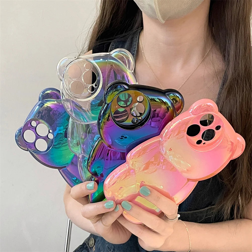 Ins Cute 3D Aurora Cartoon Bear Case For iPhone 11 13 12 14 15 16 17 Pro Max Plus Air Colorful Laser Rainbow Gradient Soft Cover - Ice Cream Cake