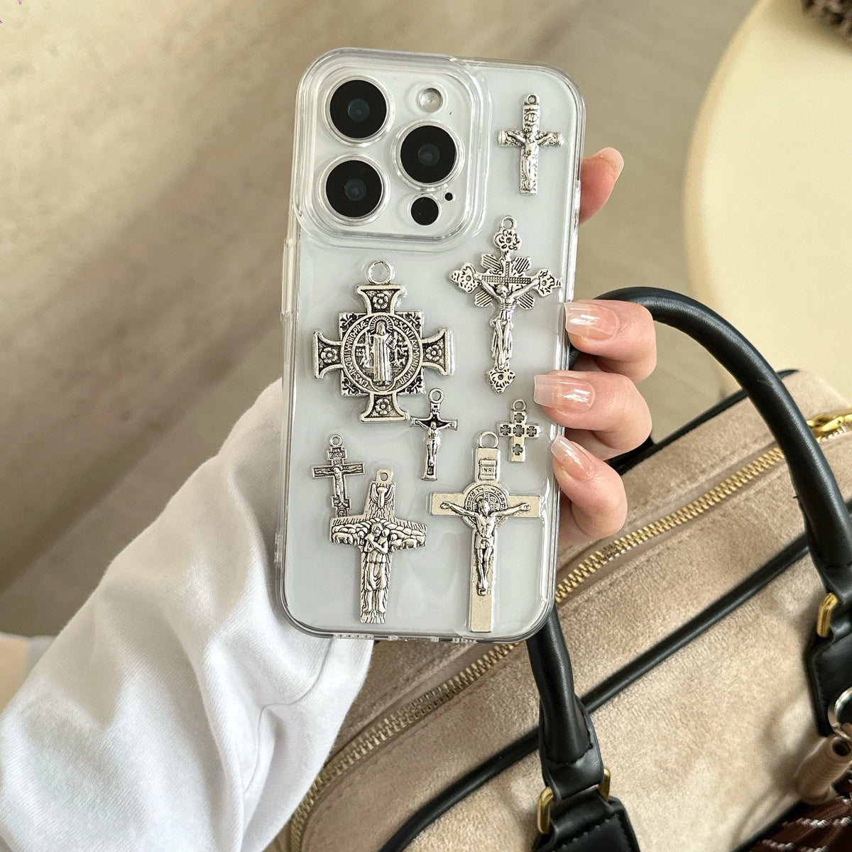 Kitschy Silver Cross Charm iPhone Case